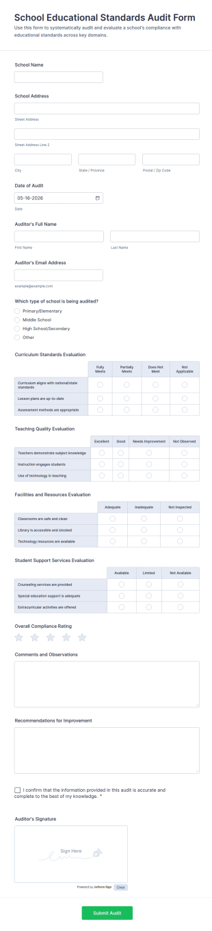 School Educational Standards Audit Form Template