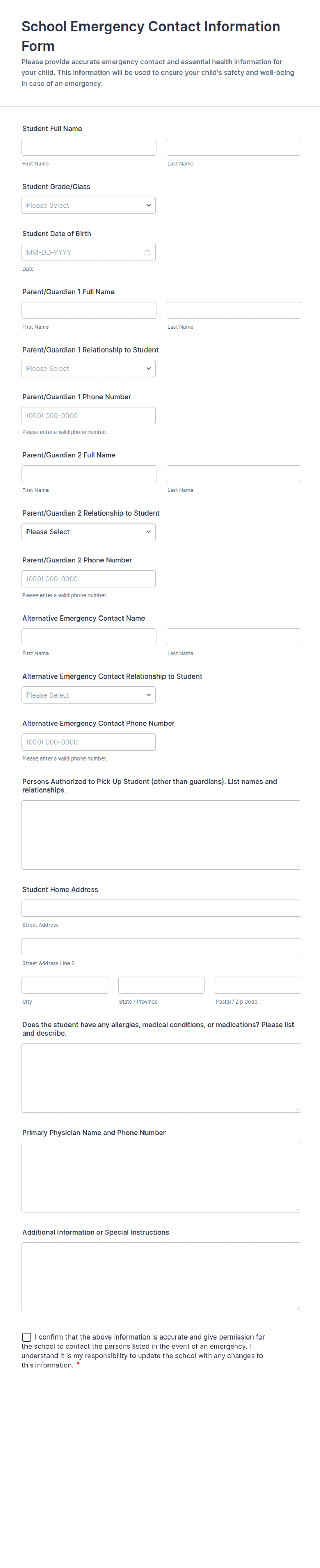 School Emergency Contact Information Form Template | Jotform