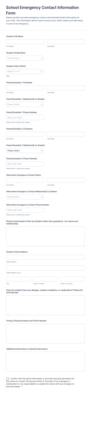 School Emergency Contact Information Form Template