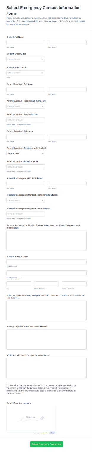 School Emergency Contact Information Form Template
