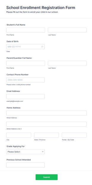 School Enrollment Registration Form Template