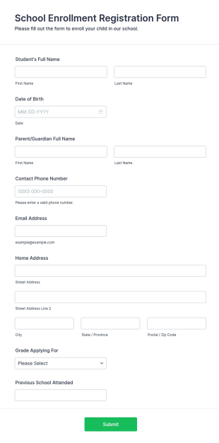 School Enrollment Registration Form Template