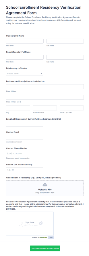 School Enrollment Residency Verification Agreement Form Template