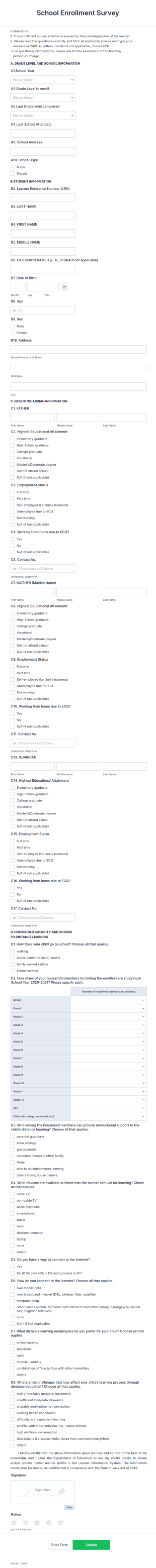 School Enrollment Survey Form Template