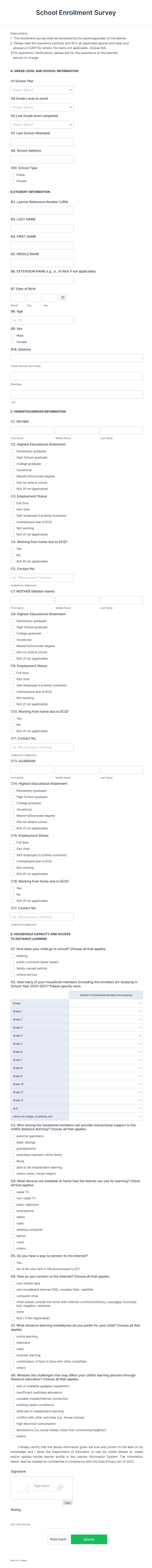 School Enrollment Survey Form Template