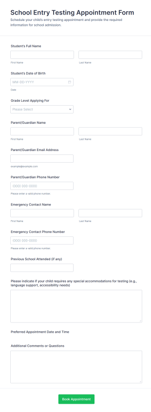 School Entry Testing Appointment Form Template