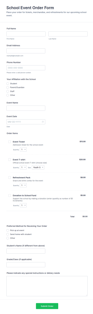School Event Order Form Template