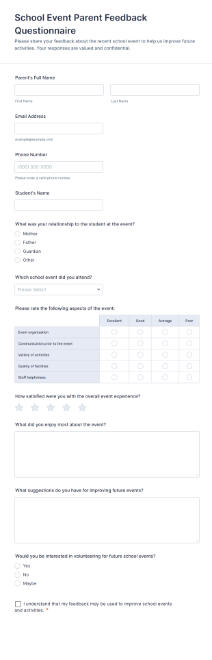 School Event Parent Feedback Questionnaire Form Template