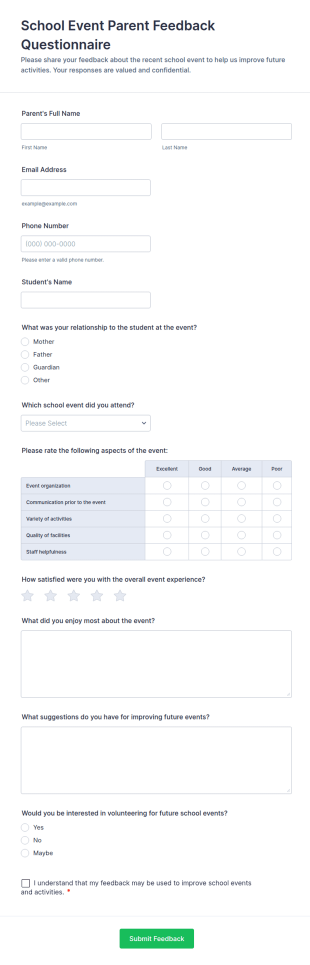 School Event Parent Feedback Questionnaire Form Template