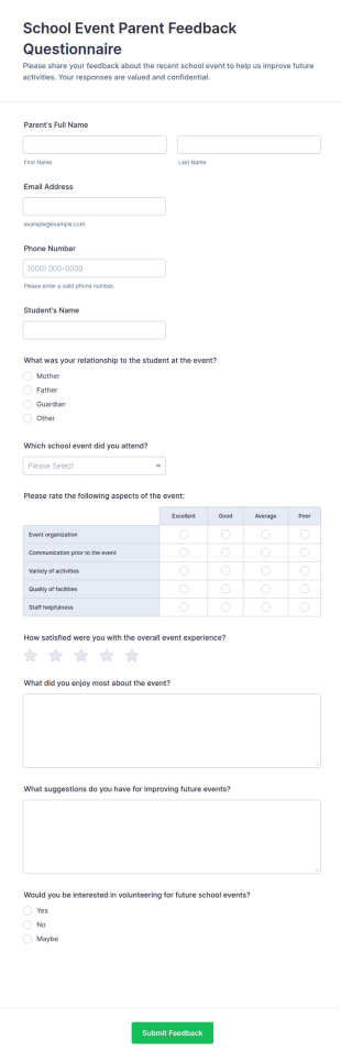 School Event Parent Feedback Questionnaire Form Template