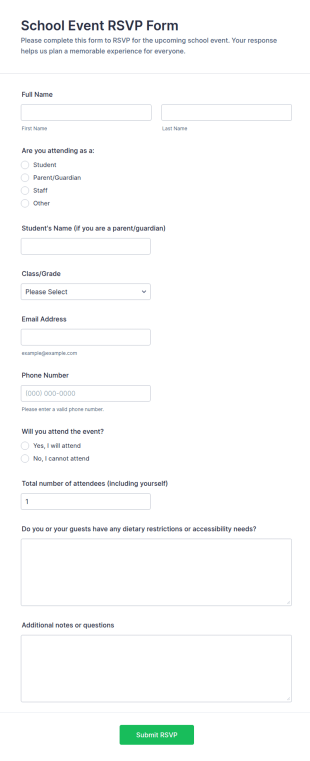 School Event RSVP Form Template