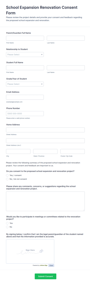 School Expansion Renovation Consent Form Template
