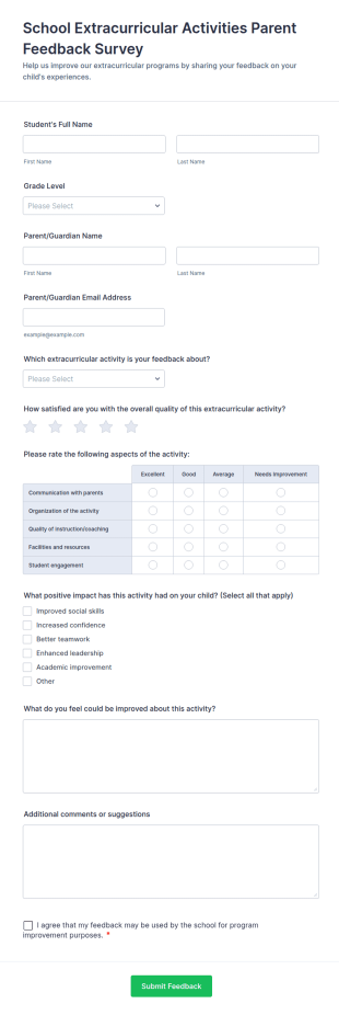 School Extracurricular Activities Parent Feedback Survey Form Template