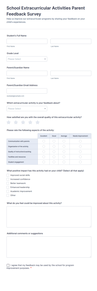 School Extracurricular Activities Parent Feedback Survey Form Template