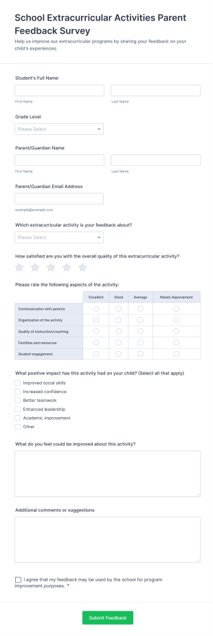 School Extracurricular Activities Parent Feedback Survey Form Template
