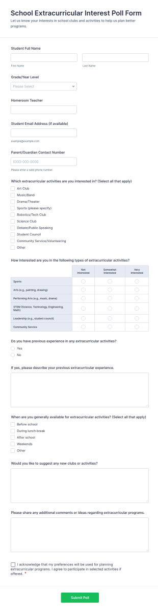 School Extracurricular Interest Poll Form Template