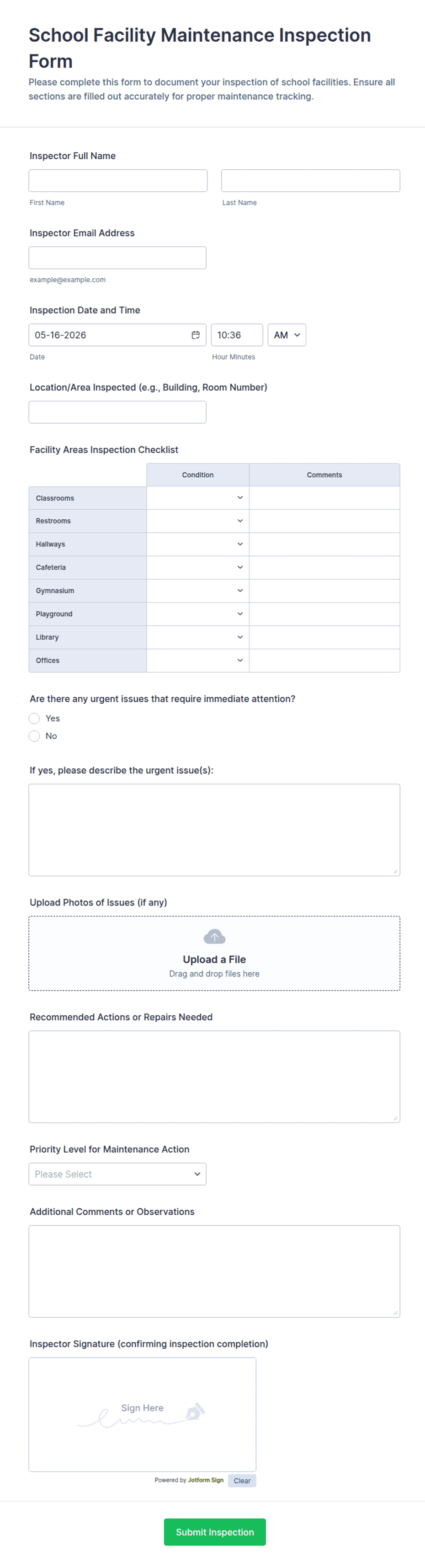 School Facility Maintenance Inspection Form Template | Jotform