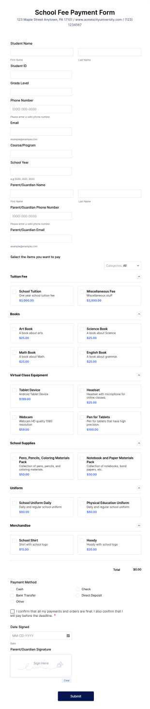 School Fee Payment Form Template