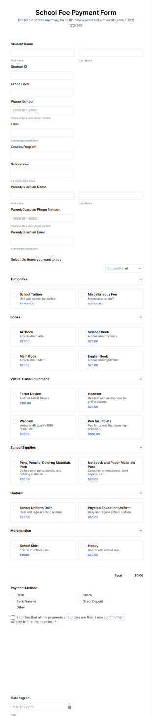School Fee Payment Form Template