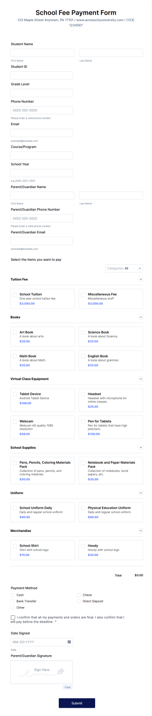 School Fee Payment Form Template
