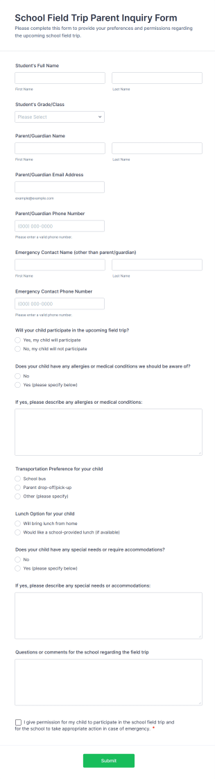 School Field Trip Parent Inquiry Form Template