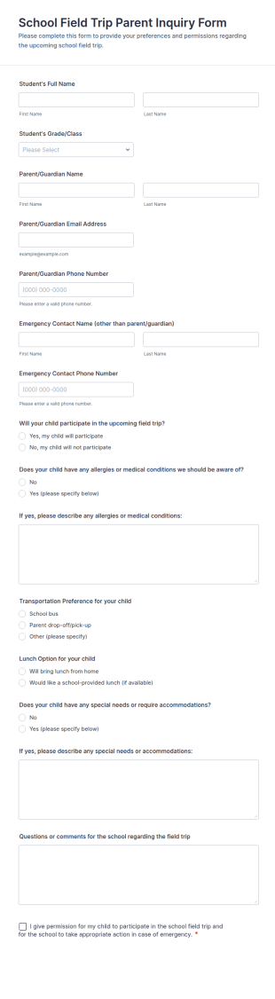 School Field Trip Parent Inquiry Form Template