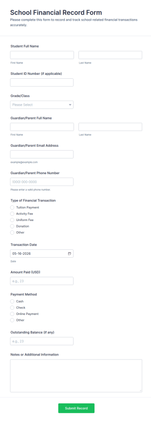 School Financial Record Form Template