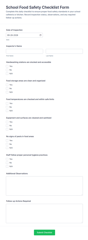 School Food Safety Checklist Form Template