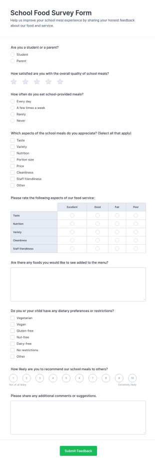 School Food Survey Form Template
