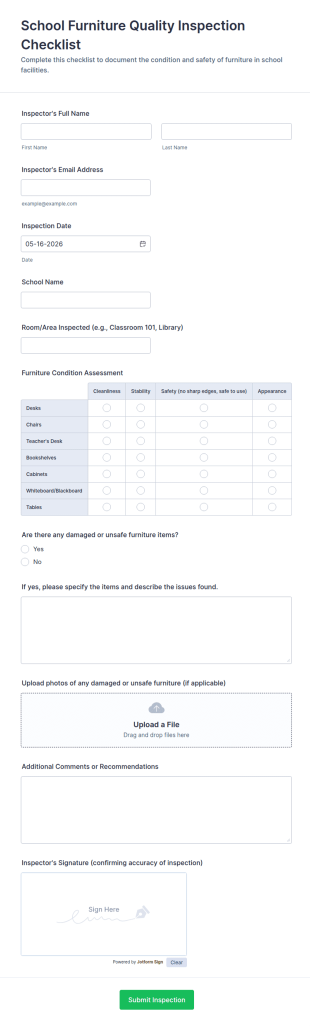 School Furniture Quality Inspection Checklist Form Template