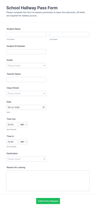 School Hallway Pass Form Template