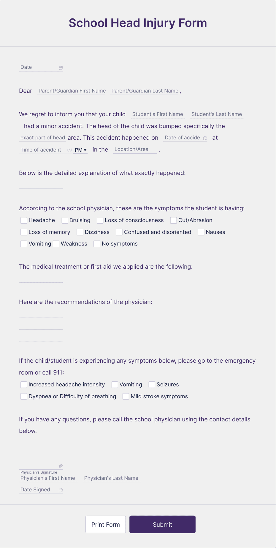 School Head Injury Form Template | Jotform