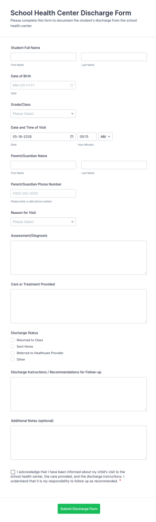 School Health Center Discharge Form Template