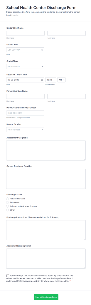 School Health Center Discharge Form Template