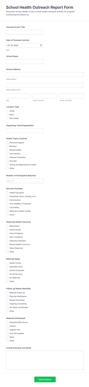 School Health Outreach Report Form Template