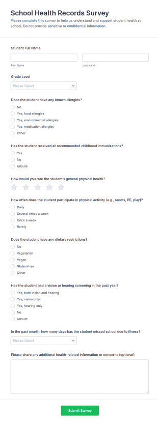 School Health Records Survey Form Template