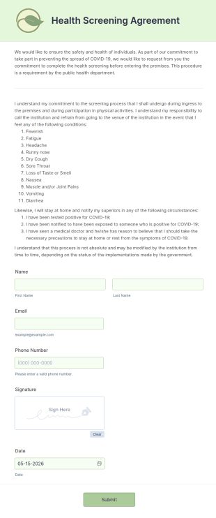 School Health Screening Agreement Form Template