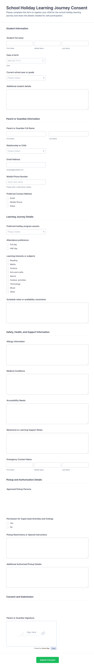 School Holiday Learning Journey Consent Form Template