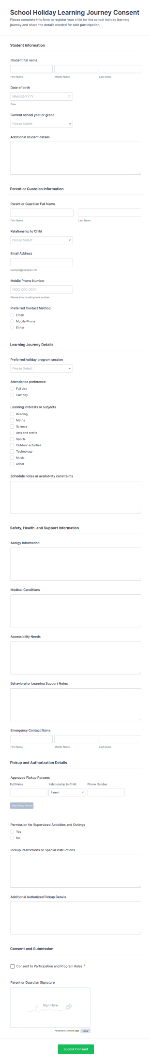 School Holiday Learning Journey Consent Form Template