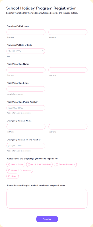 School Holiday Program Registration Form Template