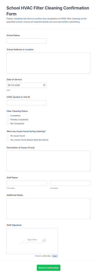 School HVAC Filter Cleaning Confirmation Form Template