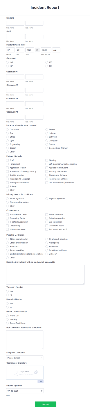 School Incident Report Form Template