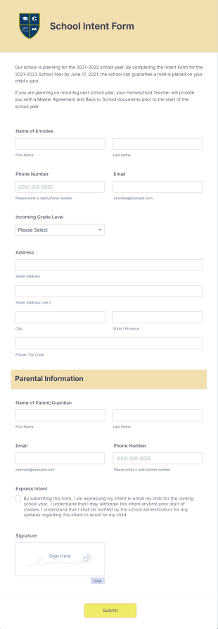 School Intent Form Template