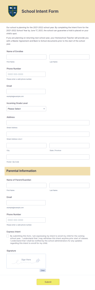 School Intent Form Template