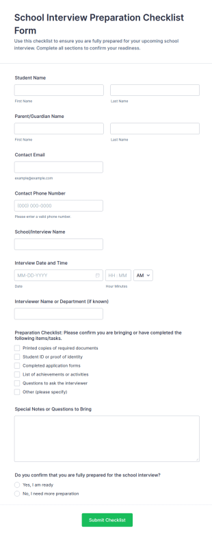 School Interview Preparation Checklist Form Template