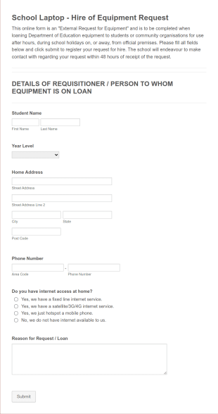 School Laptop Hire Of Equipment Request Form Template