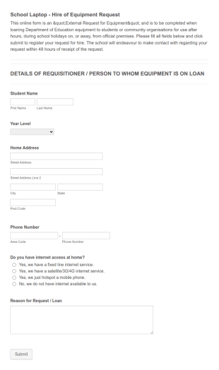 School Laptop Hire Of Equipment Request Form Template
