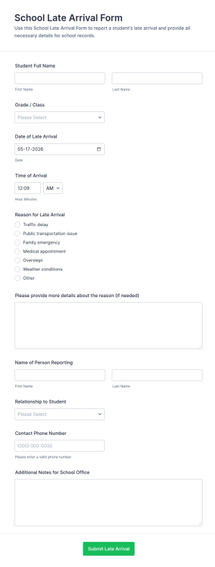 School Late Arrival Form Template