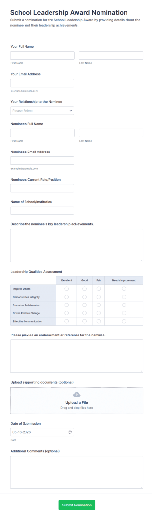 School Leadership Award Nomination Form Template