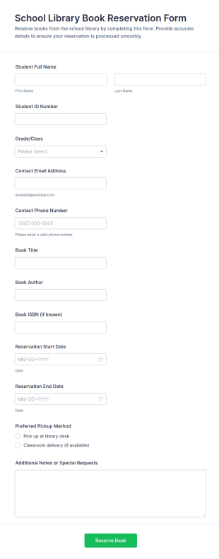 School Library Book Reservation Form Template